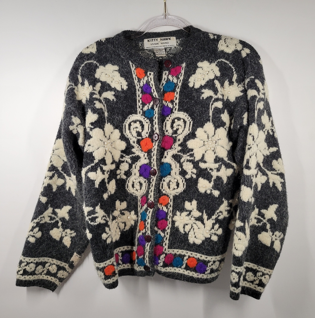 Vtg Kitty Hawk By Vivian Wang Gray Beaded Cardigan Sweater Women Size M